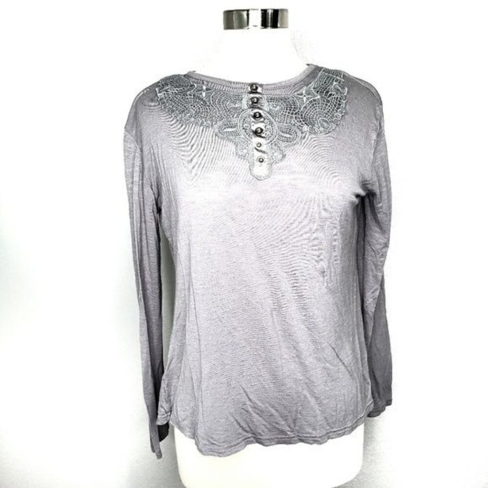 Esperanza Womens Long Sleeve Top M Lace‎ Detail Button Neck Gray Viscose Cotton